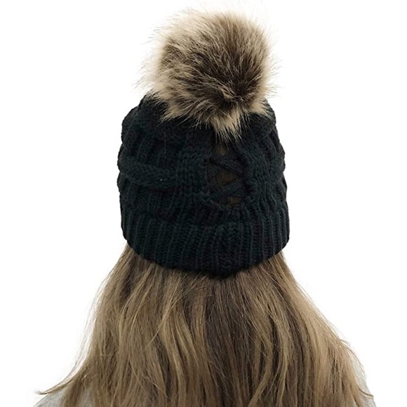 Black Knit Criss Cross Ponytail Pom Pom Beanie - Picture 2 of 15